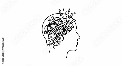 Abstract representation of a human head profile with a chaotic, jumbled brain