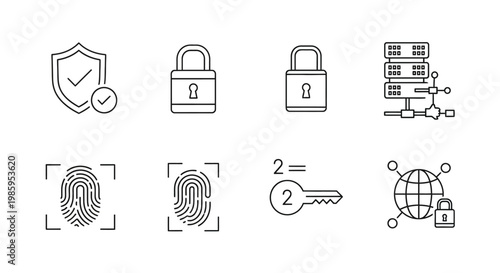 Data protection icons shield lock fingerprint server key and globe