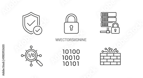 Data protection icons shield lock server analysis binary code firewall