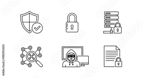 Data protection icons shield lock server network hacker document