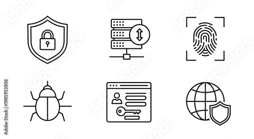 Data security icons shield server fingerprint bug key globe with protection