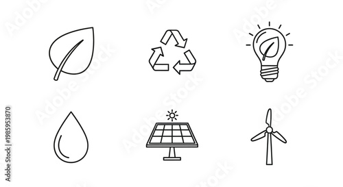Eco friendly icon set leaf recycling lightbulb water drop solar panel wind turbine