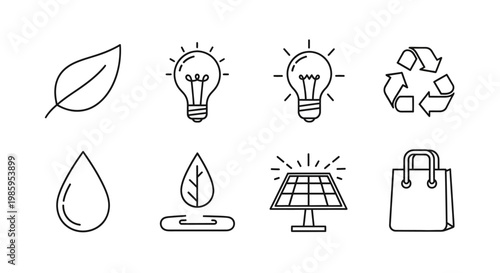 Eco friendly icons leaf lightbulb recycle drop solar panel and shopping bag