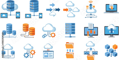 Cloud Computing and Database Network Icon Set with Data Storage, Transfer, Server, Folder, and Device Connection Elements for Technology, IT, and Digital Business Designs
