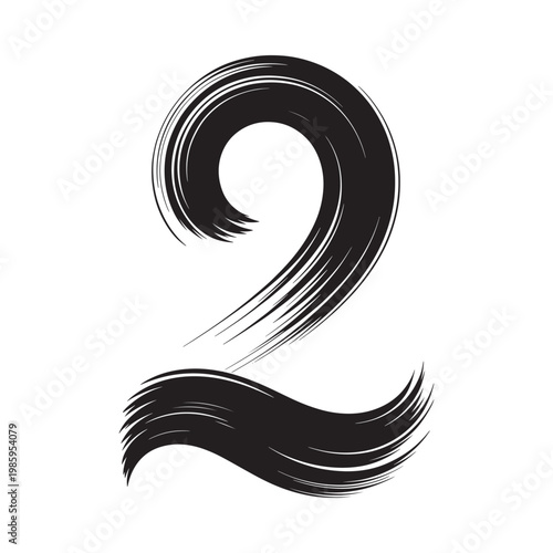 Stylized number two created with flowing black brushstrokes on a white background