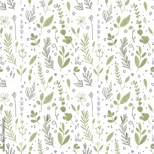 Elegant seamless pattern with delicate floral and leaf illustrations in a subtle, earthy palette. Artistic hand-drawn botanical design perfect for fabric, wallpaper, branding, and decorative backgroun