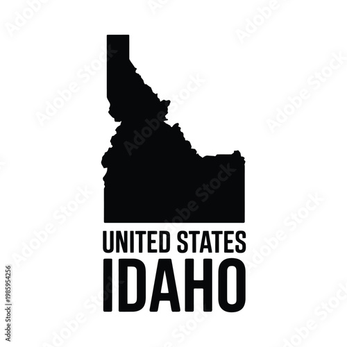 A stark black silhouette of the state of idaho positioned above its name in bold lettering