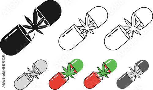 Cannabis leaf inside capsules represents potential medicinal or recreational marijuana.