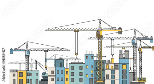 A detailed illustration of a bustling urban construction site with numerous cranes, buildings, heavy machinery, and workers actively engaged in development.