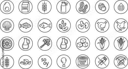 Allergen icons depict various food items and dietary symbols for allergy awareness.