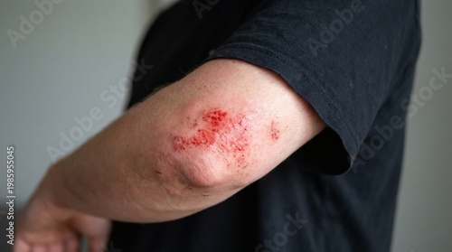 Elbow Wound Red Abrasion on Arm After Fall Injury and Healthcare.