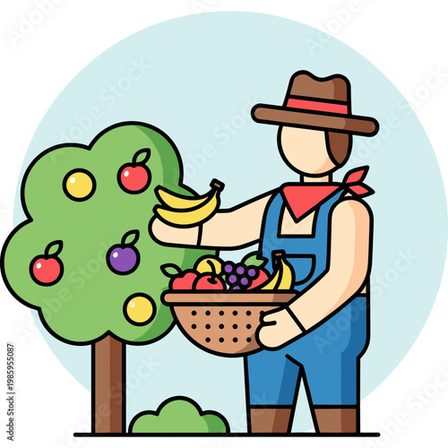 A farmer picks fruit from a tree and holds a basket full of colorful produce.