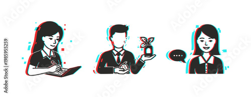People writing presenting and speaking in business icons. Glitch effect