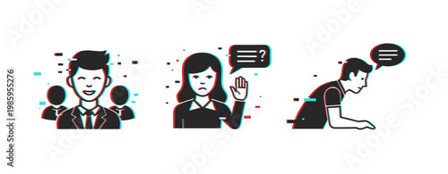 Business people asking questions and communicating in icons. Glitch effect
