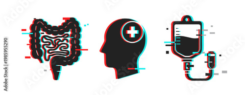 Medical icons showing digestive brain and intravenous therapy. Glitch effect