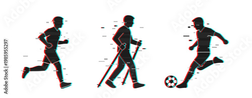 Silhouetted figures running walking and kicking in white space. Glitch effect