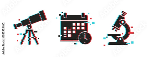 Scientific instruments arranged as icons on white background. Glitch effect