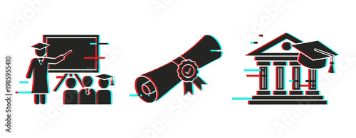 Teacher instructing classroom, diploma scroll, university building on white background. Glitch effect