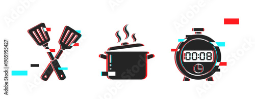 Spatulas pot and kitchen timer indicating cooking time. Glitch effect