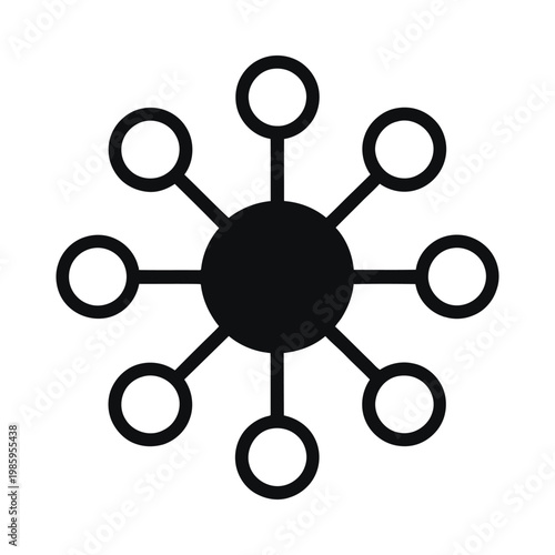 A simple black and white graphic depicting a central node connected to eight surrounding circles