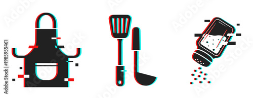 Kitchen apron and utensils with salt shaker on white background. Glitch effect