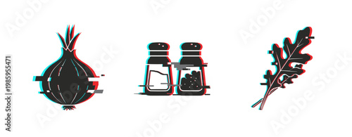 Onion, seasoning shakers and herb leaf icons on plain background. Glitch effect