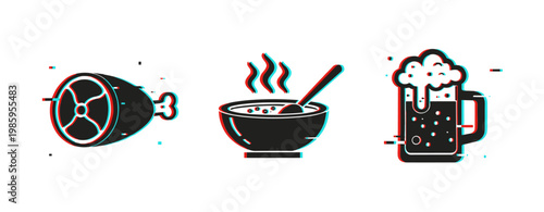 Meat soup and beer icons representing food and beverage. Glitch effect