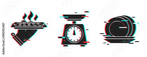 Kitchen utensils showing baking, weighing and dish stacking. Glitch effect