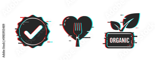 Food quality icons indicating healthy choice in packaging. Glitch effect