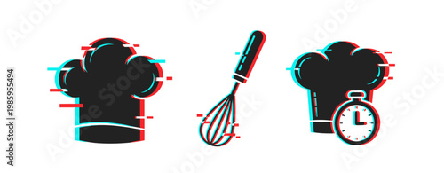 Chef hat and whisk, chef hat with timer on white background. Glitch effect