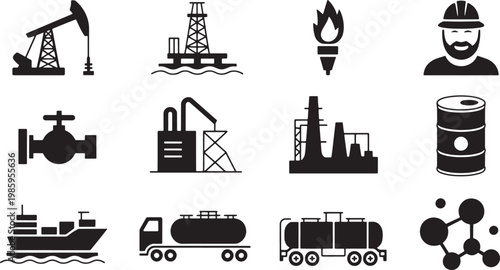 Black and white representing oil and gas industry and processes oil rig pump jack