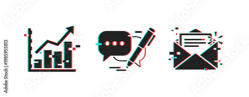 Digital glitch icons: bar graph, chat bubble, envelope