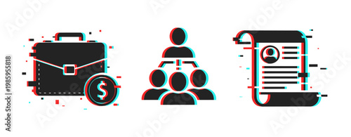 Business management elements: briefcase, teamwork, document icon in glitch style