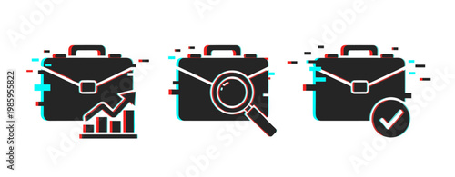 Digital briefcase icons: growth, search, and approval in glitch style