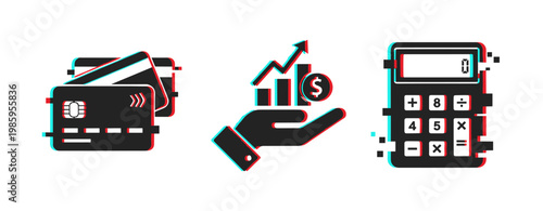 Financial icons: credit cards, investment growth, calculator