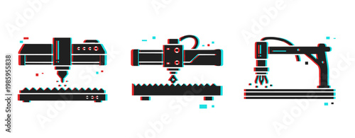 Glitchy 3d icon set of industrial machinery: laser cutting, cnc milling, 3d printing