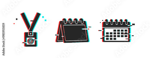 Glitch style id badge and calendar icons with 3d effect