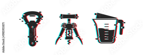 Stylish anaglyph design of corkscrew, bottle opener, and measuring cup
