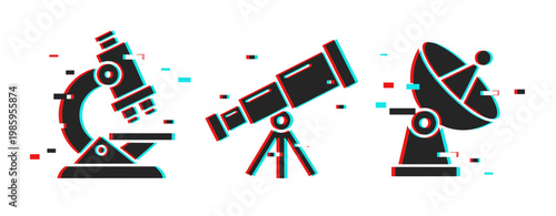 Glitch art of telescope, microscope, and satellite dish illustrations