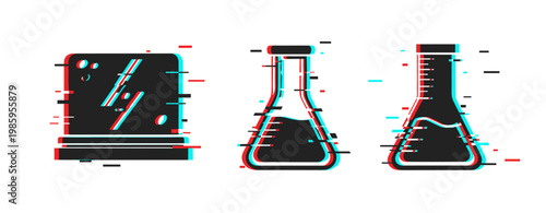 Glitch art: abstract chemistry beakers and flasks in retro digital style