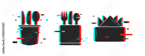 Glitch art of cutlery set and napkins in black and red cyan colors