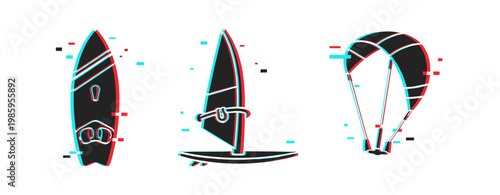 Stylized surfboard, windsurf, and kitesurf equipment illustration with glitch effect