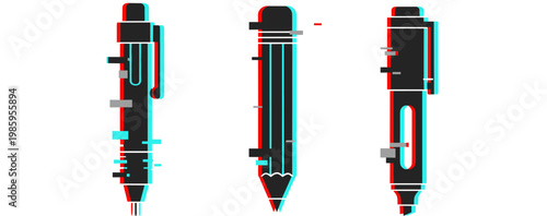 Stylized glitch art of pens and pencils with 3d effect and distortion