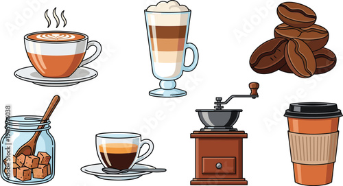 Coffee and Cafe Icon Set with Cappuccino, Latte, Coffee Beans, Sugar Jar, Espresso, Coffee Grinder, and Takeaway Cup Elements for Restaurant, Menu, and Beverage Designs