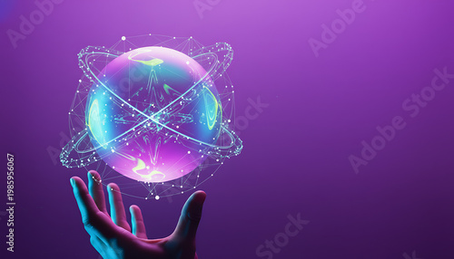 Abstract Digital Earth Globe Network Held in Hand with Neon Light and Purple Background