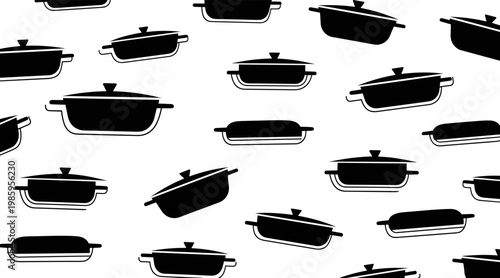 Cooking pots and pans scattered in repeating kitchen pattern, no seamless