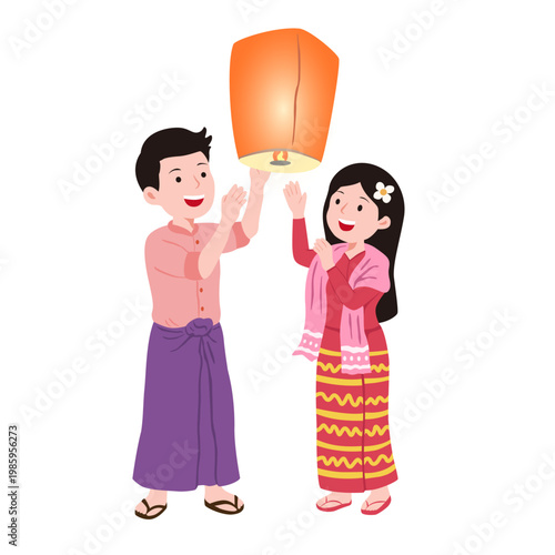 Vector illustrations of people during the Myanmar Lighting Festival, decorative elements.