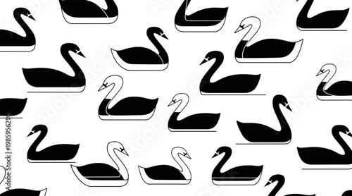 Black swan silhouettes floating in repeating white water pattern, no seamless