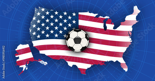 Vector game banner. Map of United States of America in colors of national flag. Soccer ball. Football. Championship. Sports competition