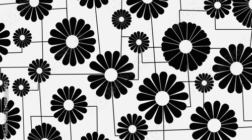Daisy flowers connected by geometric line grid pattern, no seamless